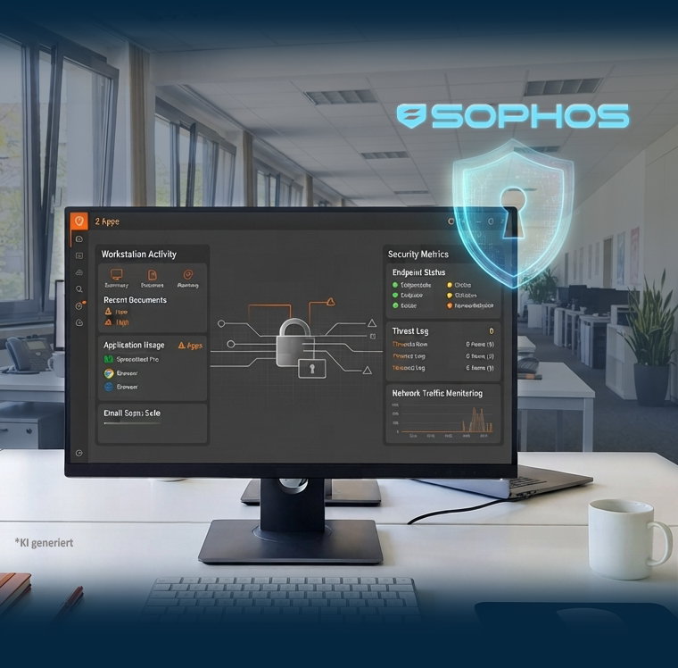 Desktop-Monitor in einem Großraumbüro mit Sicherheitsdashboard und transparentem Schutzschild mit Schlüsselloch und Sophos Logo.